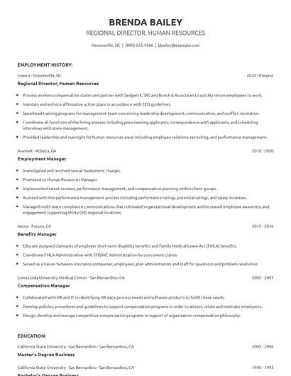 Regional Director, Human Resources Resume
