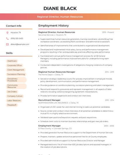 Regional Director, Human Resources Resume