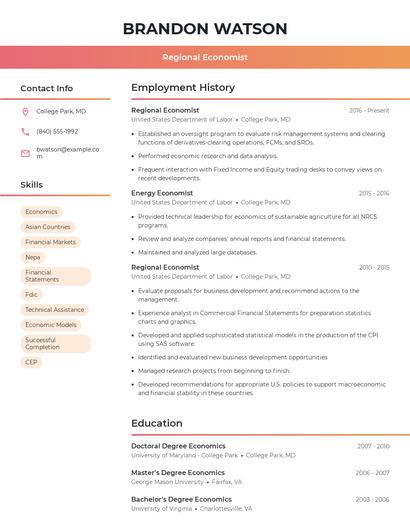 Regional Economist Resume