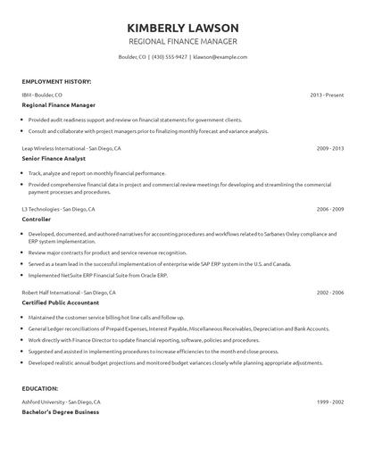 Regional Finance Manager Resume