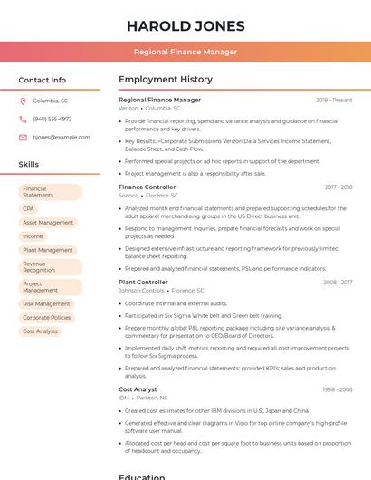 Regional Finance Manager Resume