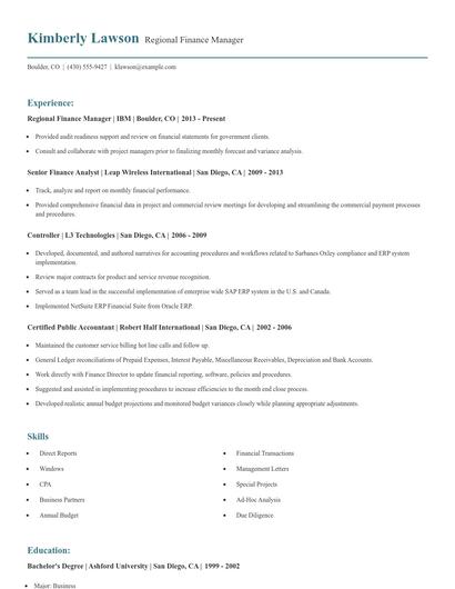 Regional Finance Manager Resume