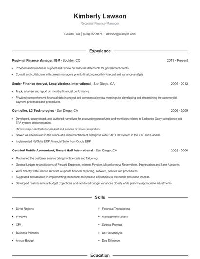 Regional Finance Manager Resume