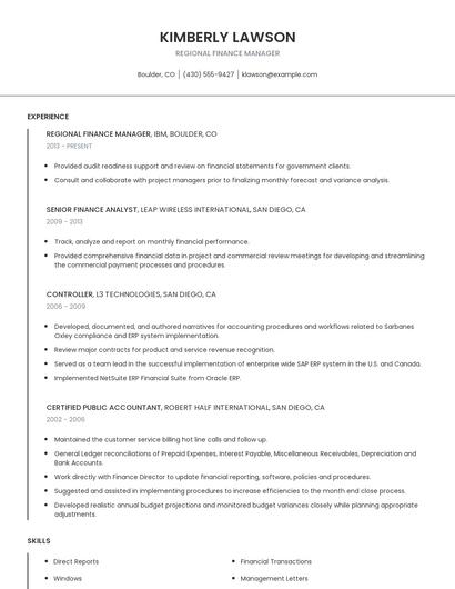 Regional Finance Manager Resume