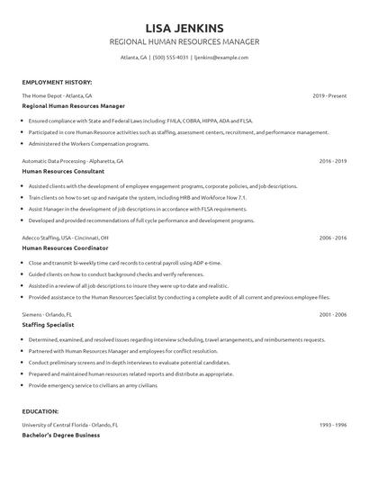 Regional Human Resources Manager Resume