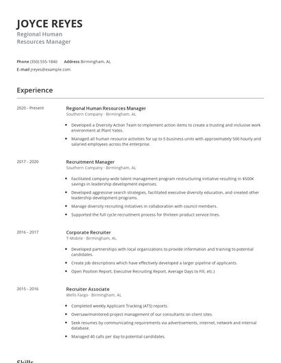 Regional Human Resources Manager Resume