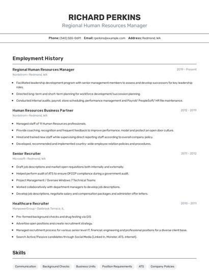 Regional Human Resources Manager Resume