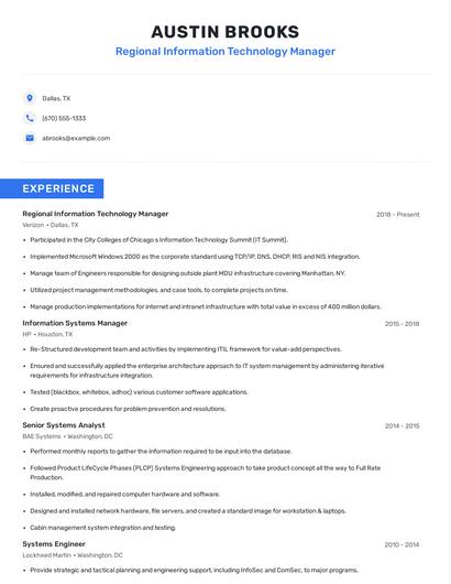 Regional Information Technology Manager Resume