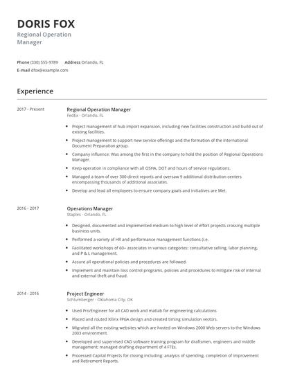 Regional Operation Manager Resume