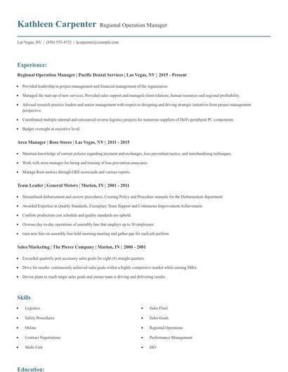 Regional Operation Manager Resume