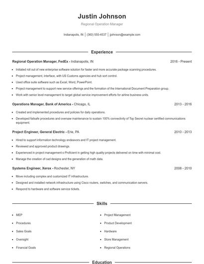 Regional Operation Manager Resume