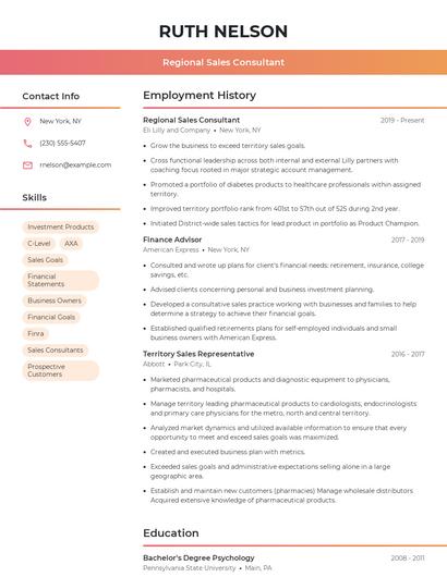 Regional Sales Consultant Resume