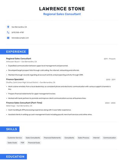 Regional Sales Consultant Resume