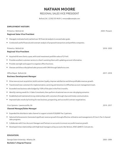 Regional Sales Vice President Resume