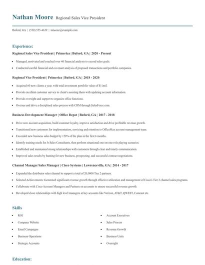 Regional Sales Vice President Resume