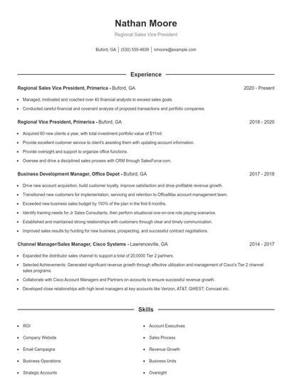Regional Sales Vice President Resume
