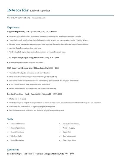 Regional Supervisor Resume