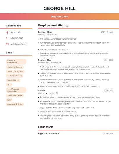 Register Clerk Resume