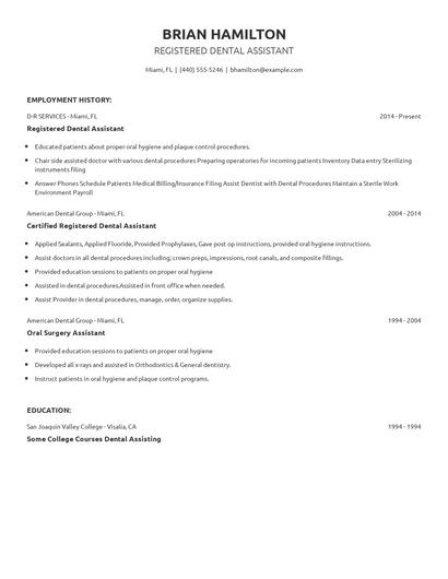 Registered Dental Assistant Resume