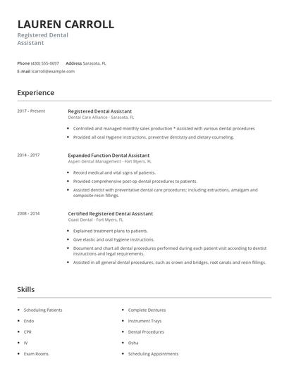 Registered Dental Assistant Resume