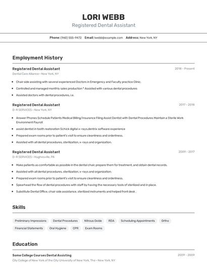 Registered Dental Assistant Resume