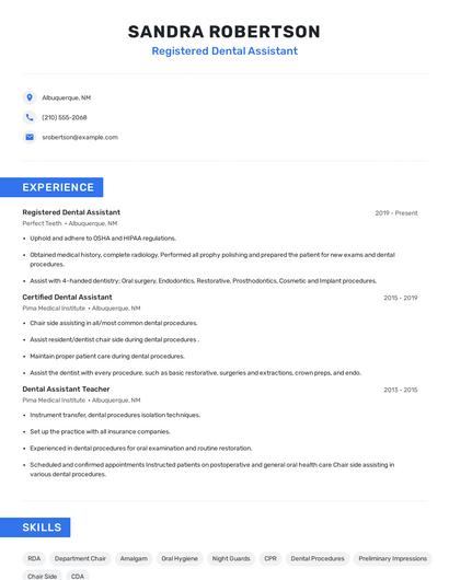 Registered Dental Assistant Resume