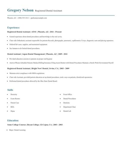 Registered Dental Assistant Resume