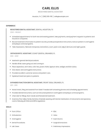 Registered Dental Assistant Resume