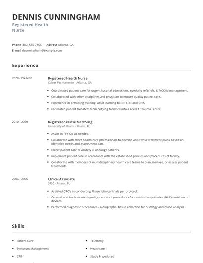 Registered Health Nurse Resume