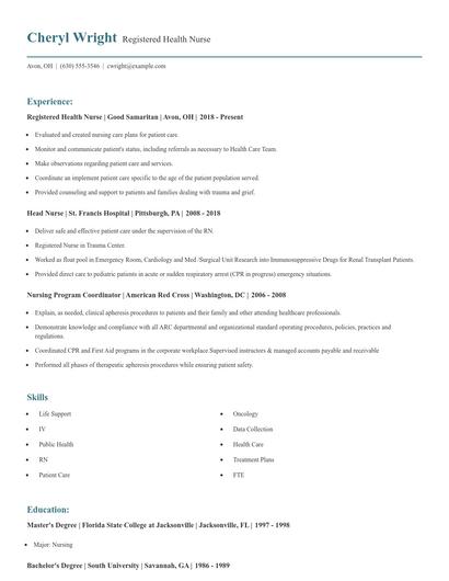 Registered Health Nurse Resume