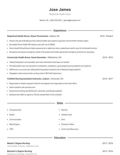 Registered Health Nurse Resume