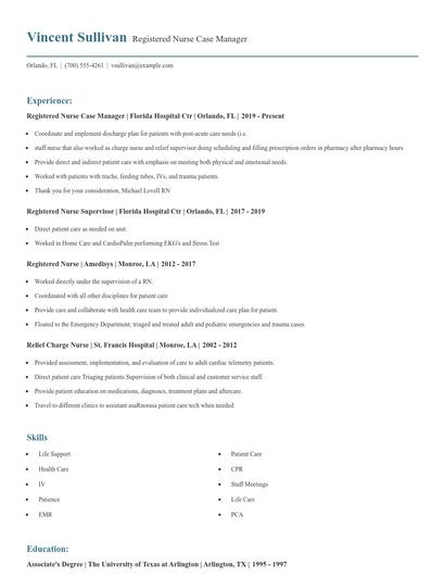 Registered Nurse Case Manager Resume