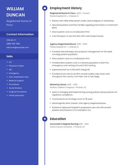 Registered Nurse In Pacu Resume