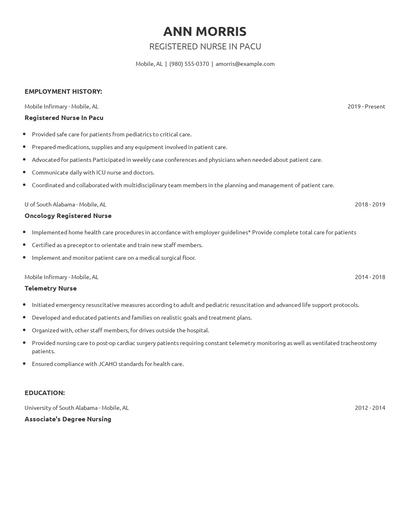 Registered Nurse In Pacu Resume
