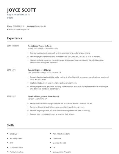 Registered Nurse In Pacu Resume