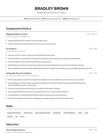 Registered Nurse In Pacu Resume