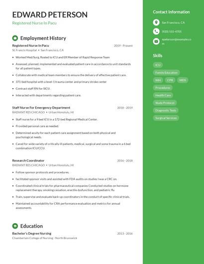 Registered Nurse In Pacu Resume