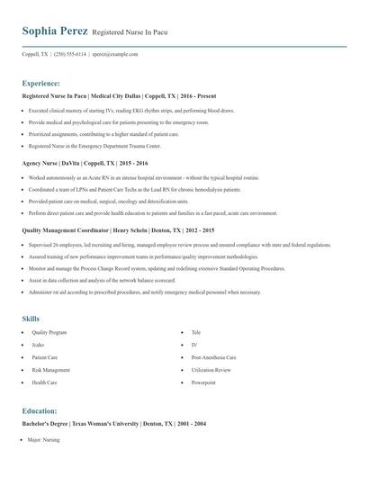 Registered Nurse In Pacu Resume