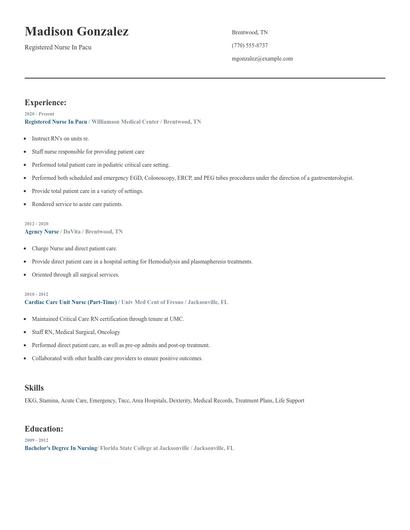 Registered Nurse In Pacu Resume