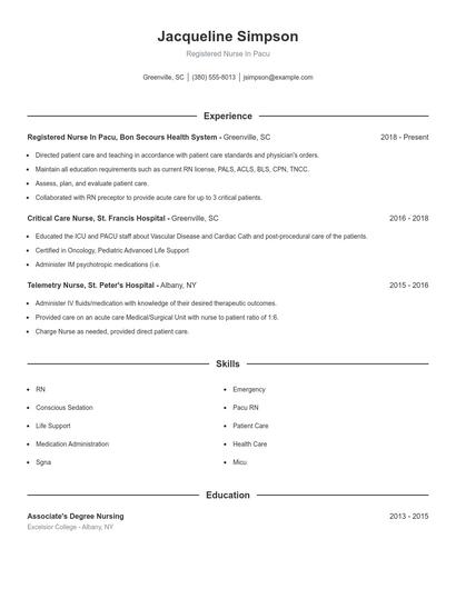 Registered Nurse In Pacu Resume