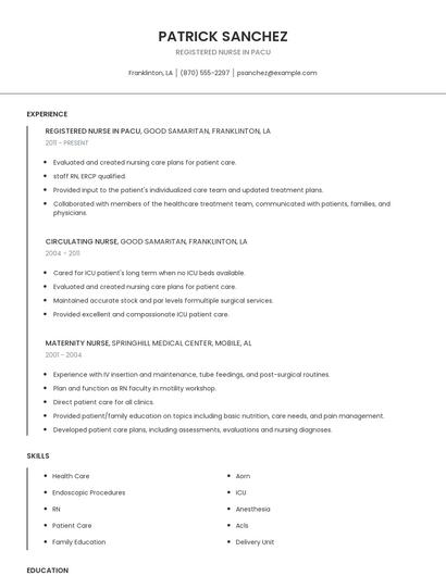Registered Nurse In Pacu Resume