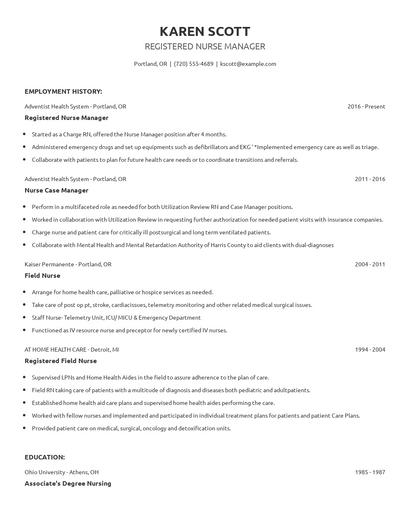 Registered Nurse Manager Resume