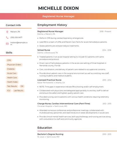 Registered Nurse Manager Resume