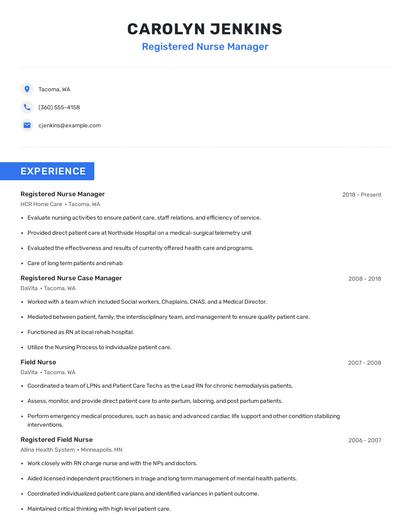 Registered Nurse Manager Resume