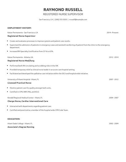 Registered Nurse Supervisor Resume