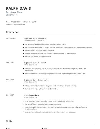Registered Nurse Supervisor Resume