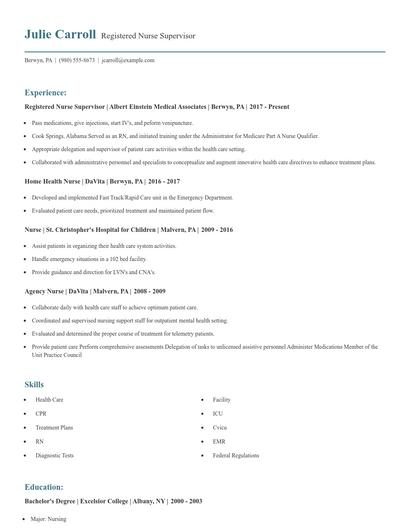 Registered Nurse Supervisor Resume