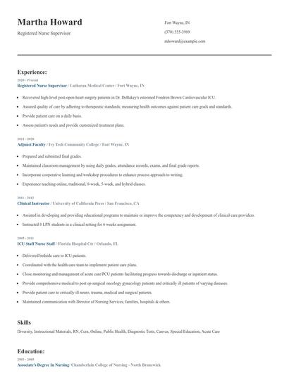 Registered Nurse Supervisor Resume