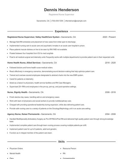 Registered Nurse Supervisor Resume