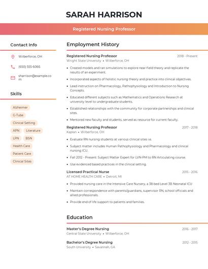 Registered Nursing Professor Resume